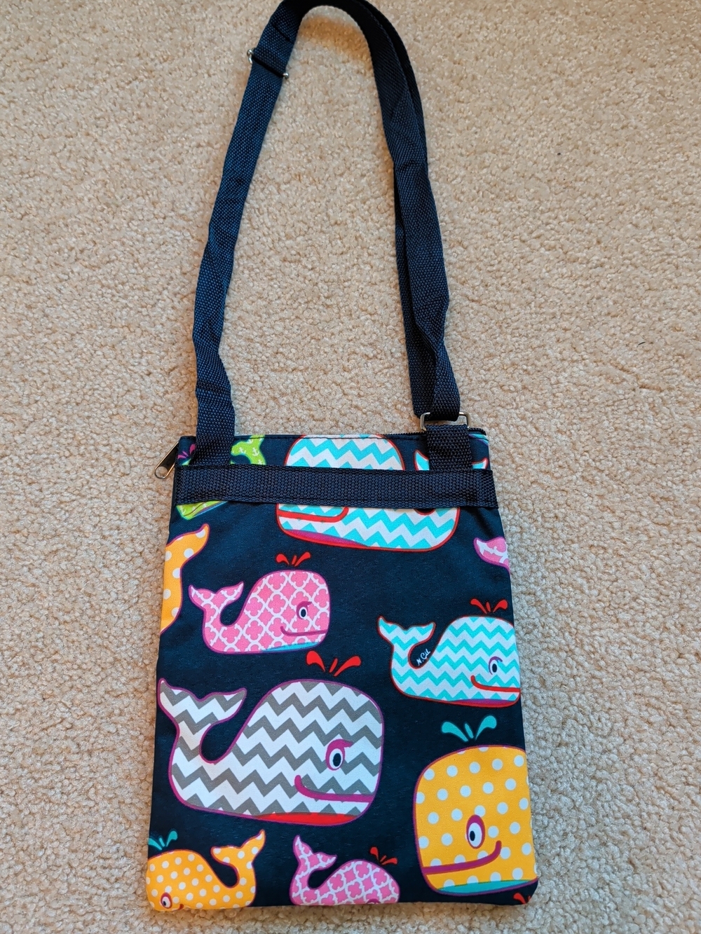 Women's Navy Crossbody Bag with Colorful Whale Pattern